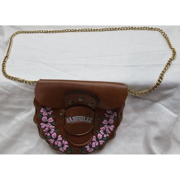 Vintage Nashville Faux Leather Purse with Stamped Floral Design and Chain Strap - Picture 2 of 6